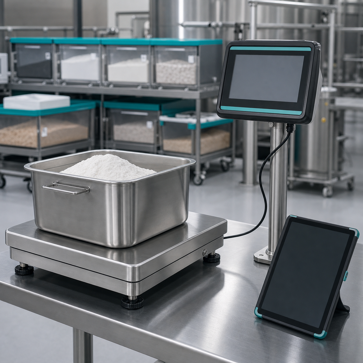 Connected stainless-steel batch and recipe weighing station