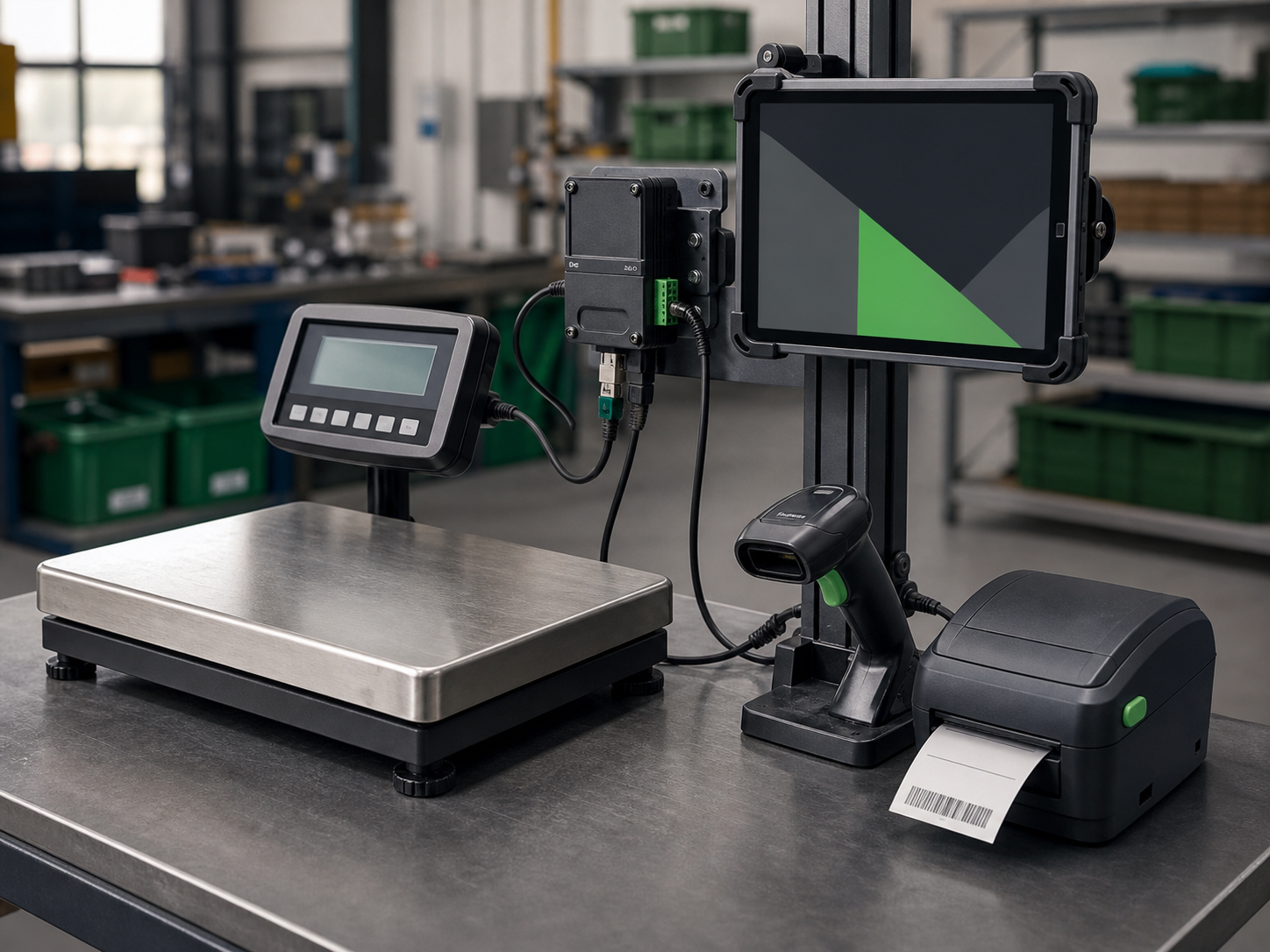 Existing industrial scale upgraded with a tablet, serial connection node, scanner and label printer