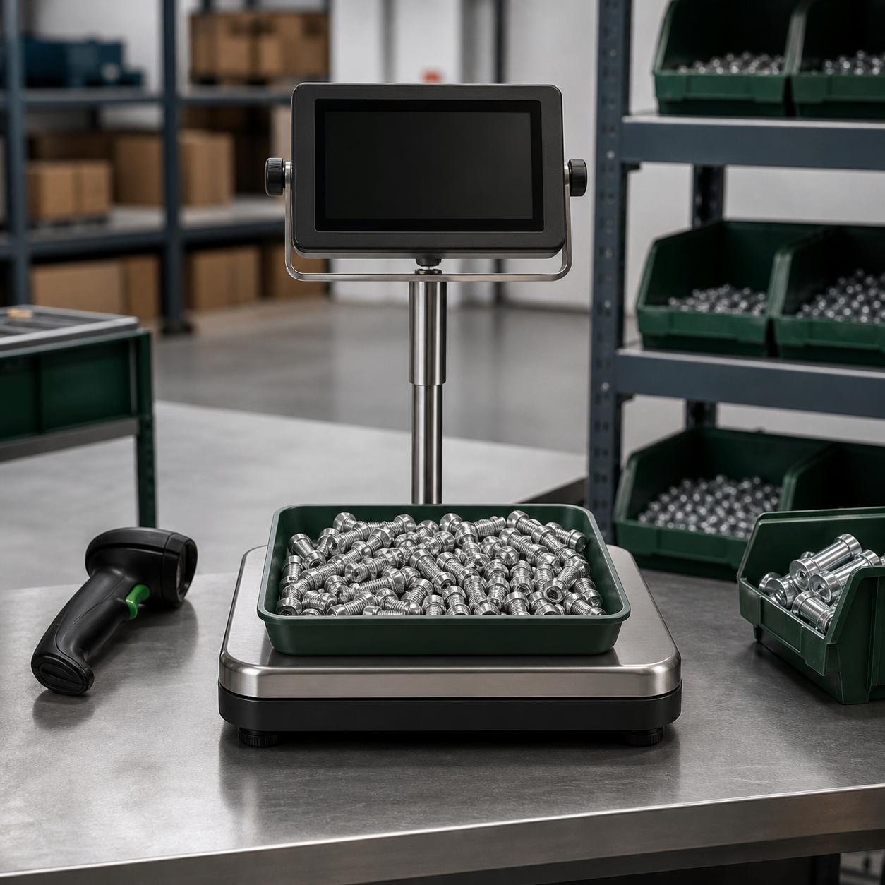 Industrial counting scale with fasteners, barcode scanner and stock bins