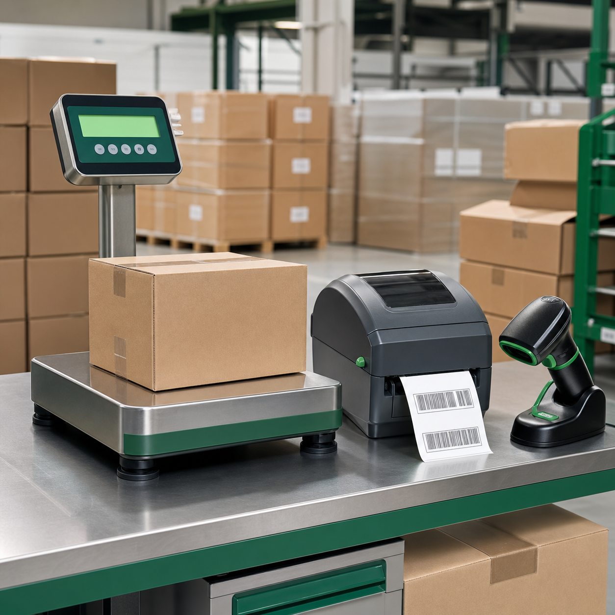 Parcel scale connected to a barcode scanner and thermal label printer
